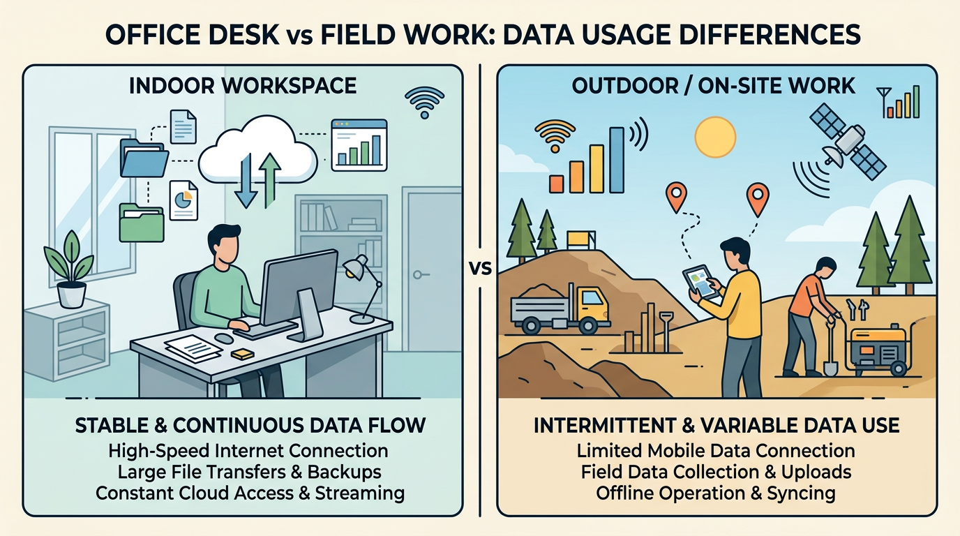 Databruk kontor kontra feltarbeid – forskjeller i mobilforbruk