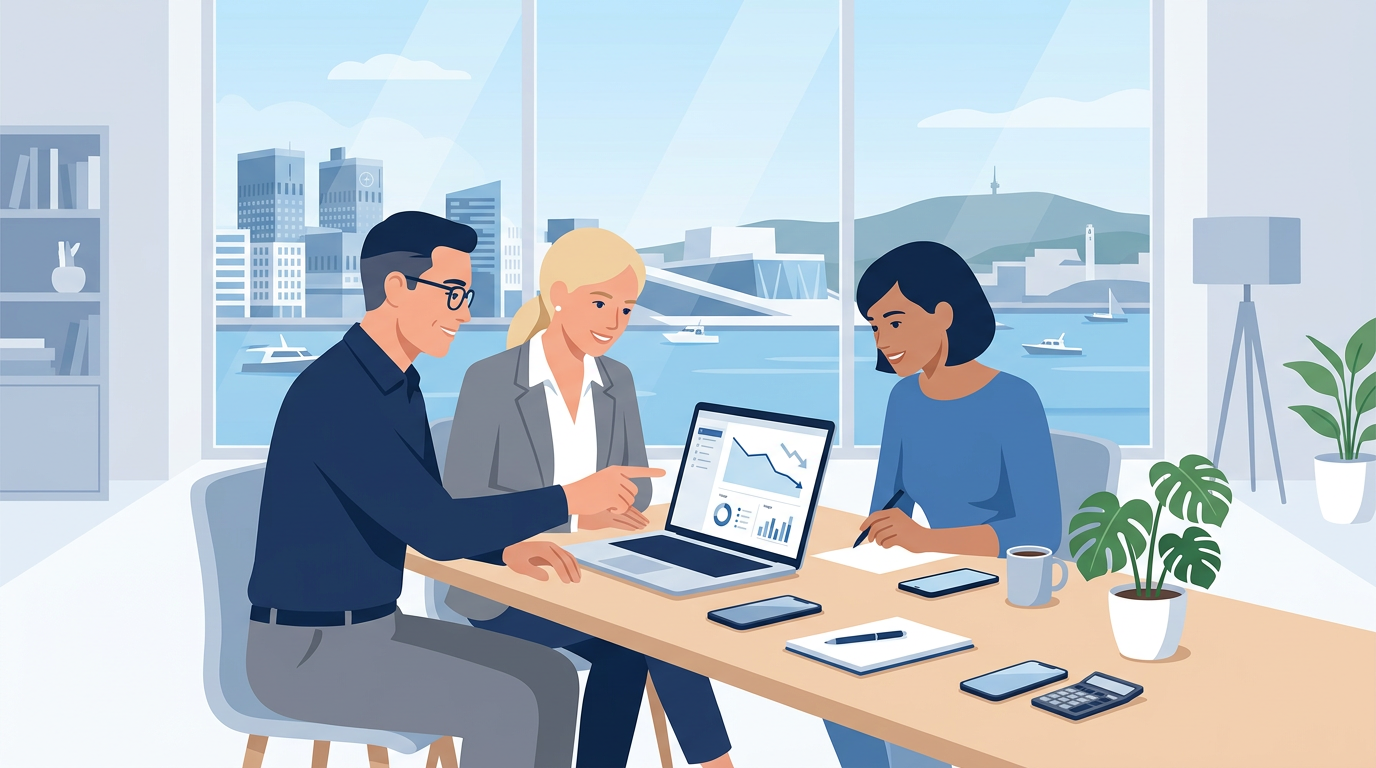 Illustrasjon av bedrift som går gjennom mobilkostnader og databruk for å spare på bedriftsabonnement