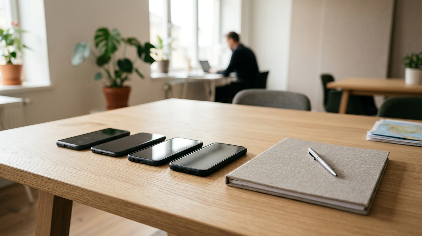 Mobiltelefoner på kontorpult med avtalemapper – smart mobilinnkjøp til bedrift